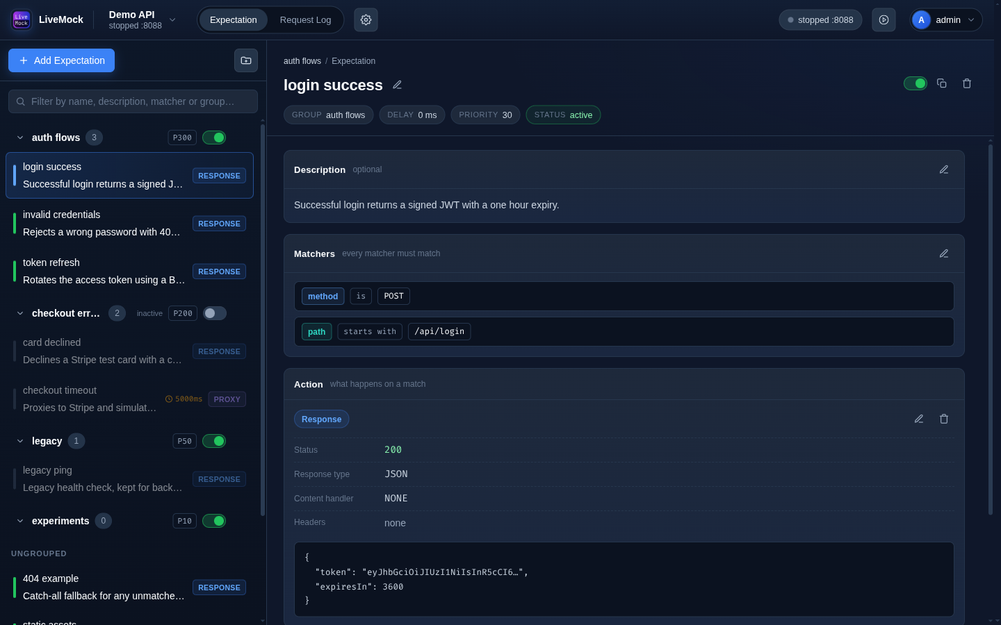 LiveMock expectation page
